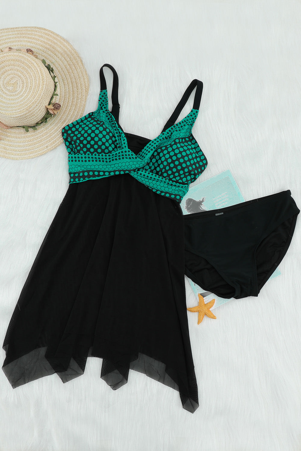 Retro Polka Dot Print Handkerchief Hem Tankini Set