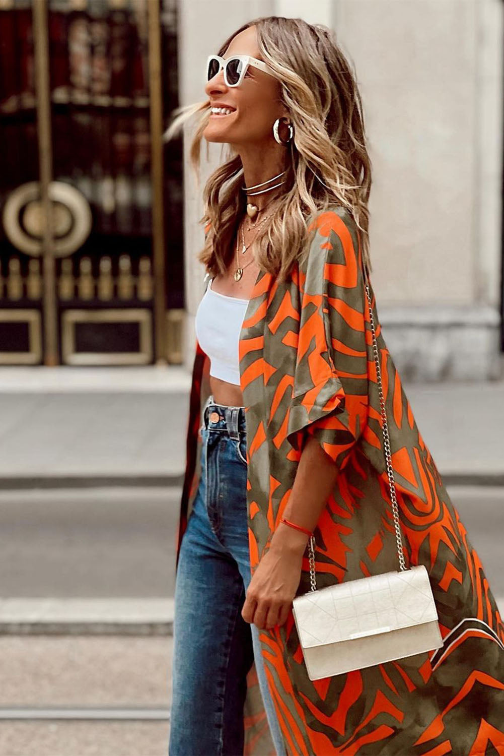 Multicolor Abstract Print Half Sleeves Kimono