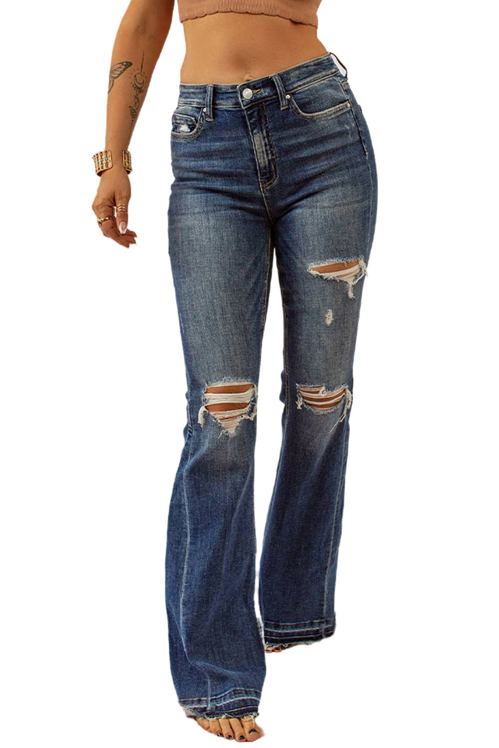 High Waist Slit Leg Distressed Wide Leg Jeans