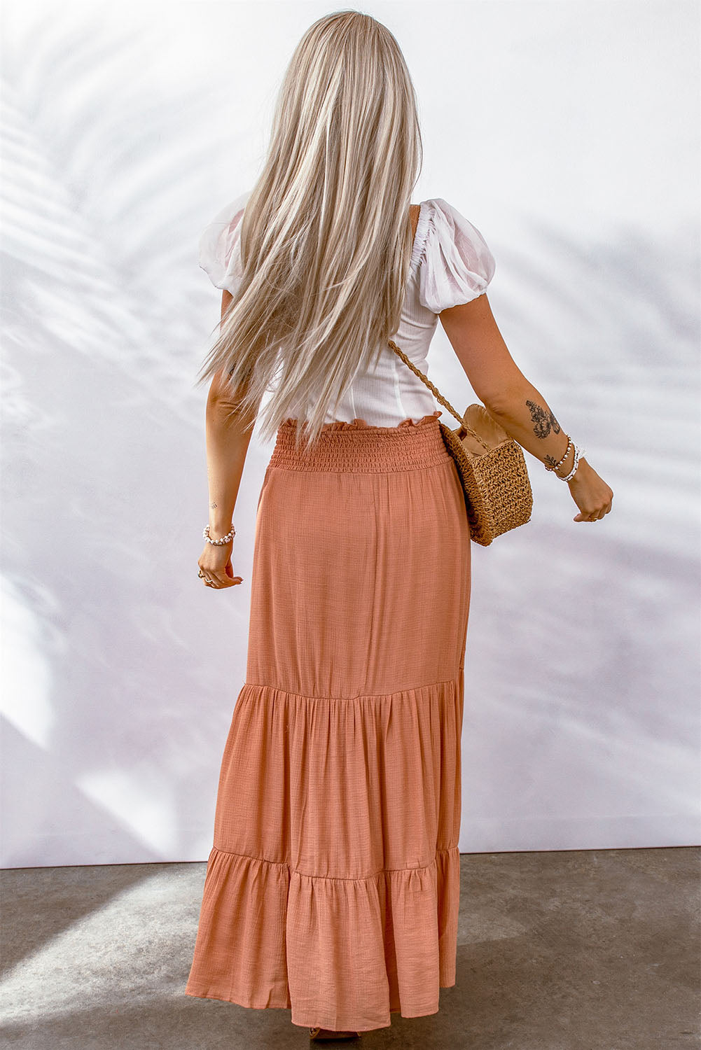Tie Smocking High Waist Tiered Maxi Skirt