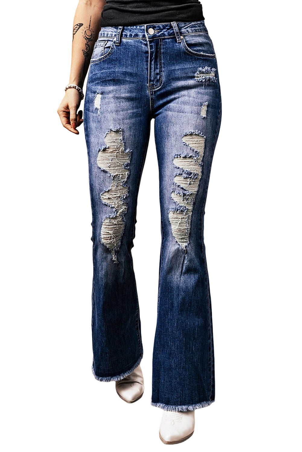 Distressed Raw Hem High Waist Flare Jeans