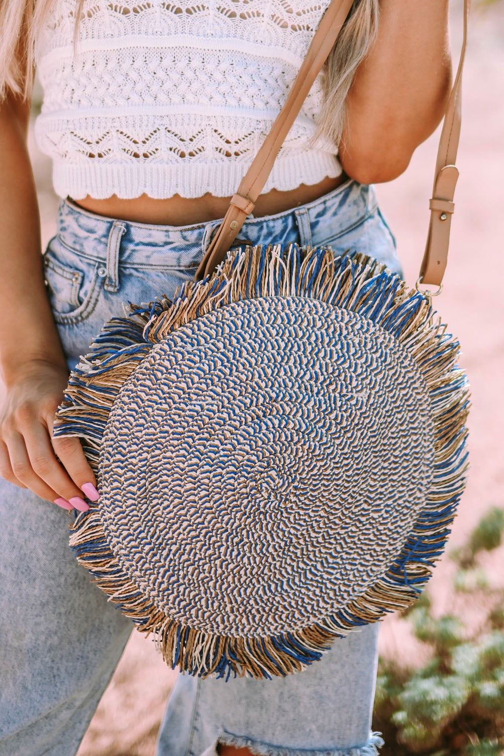 Retro Straw Woven Fringed Round Shoulder Bag