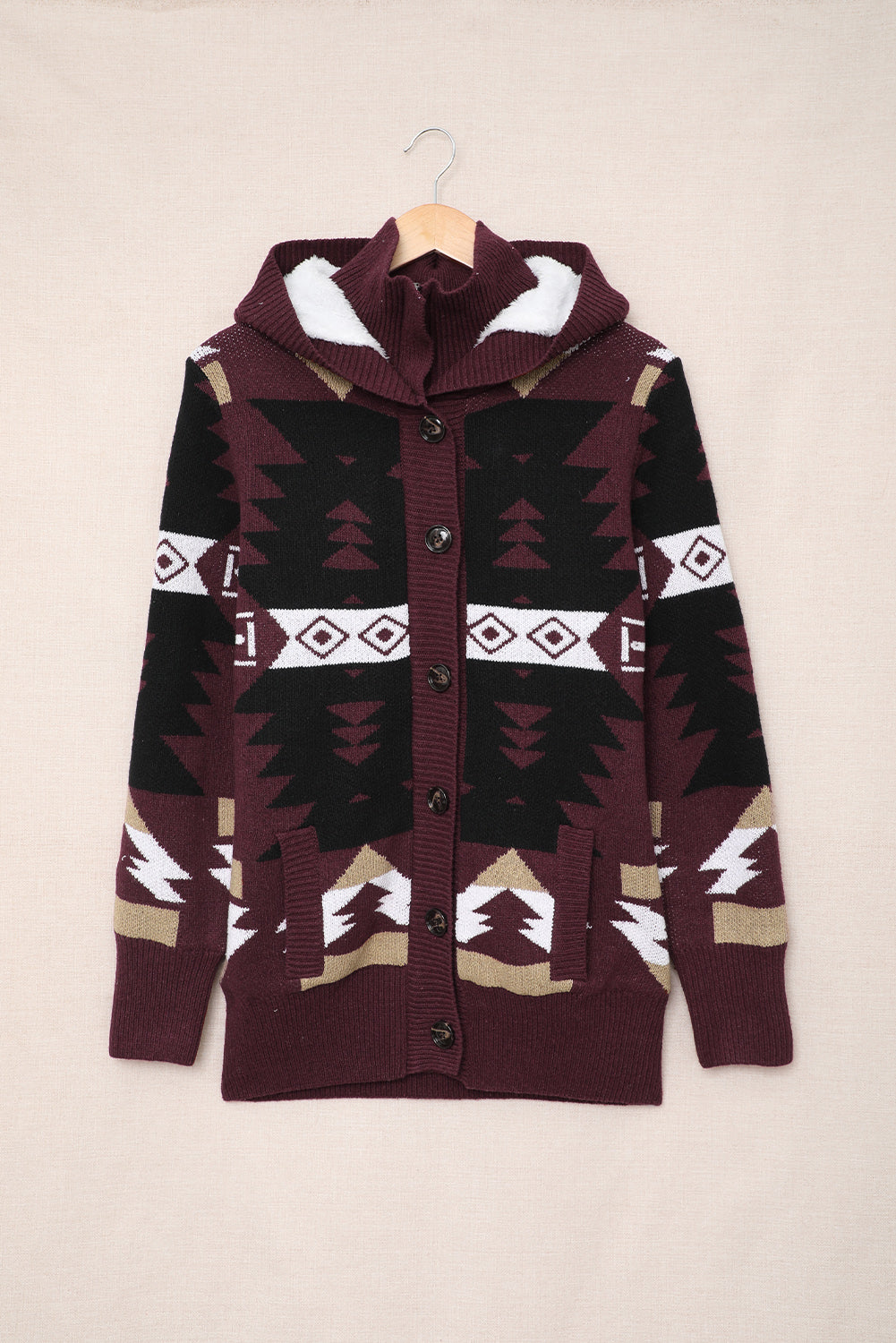 Retro Jacquard Pattern Buttoned Front Hooded Sweater