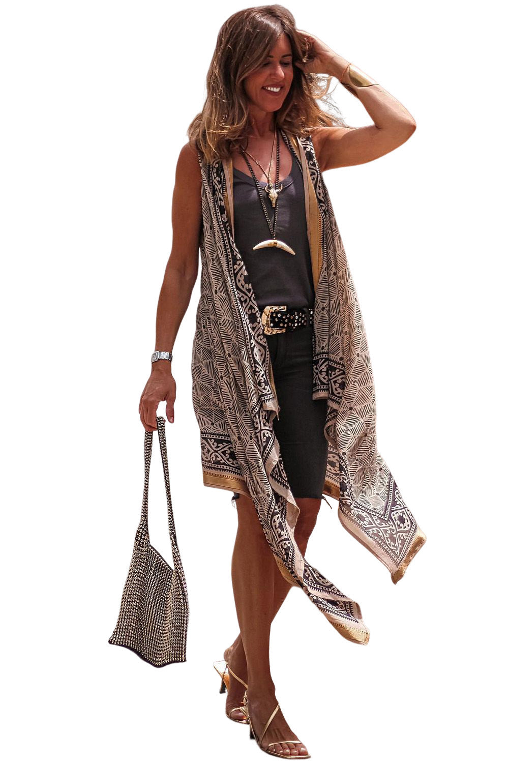 Khaki Western Fashion Print Sleeveless Kimono
