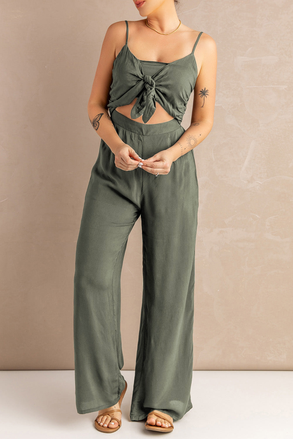 Knotted Hollow-out Front Sleeveless Wide Leg Jumpsuit