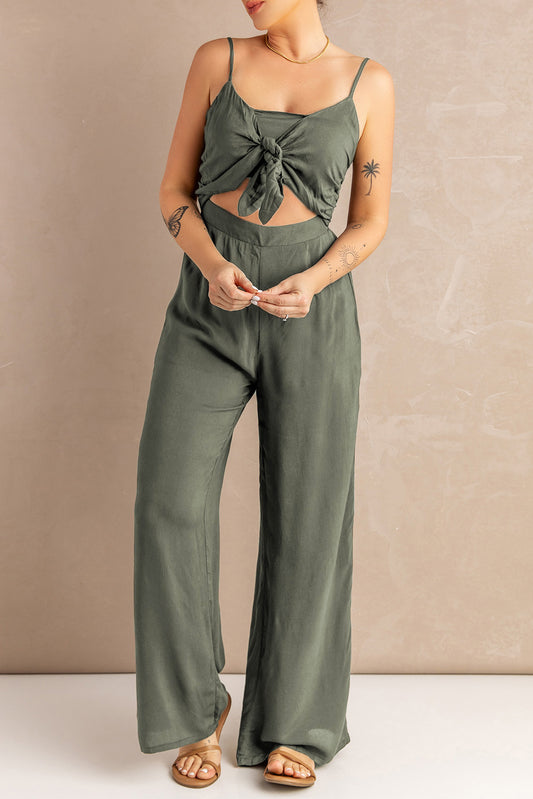 Knotted Hollow-out Front Sleeveless Wide Leg Jumpsuit