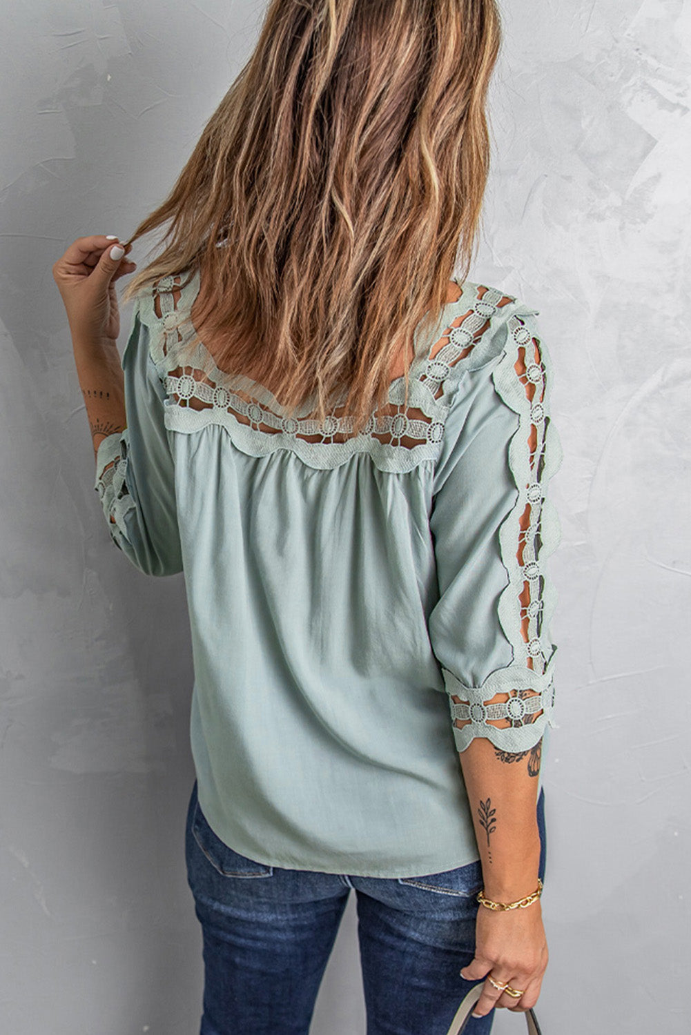 Green Drak Green Crochet Trim Hollow-out Blouse