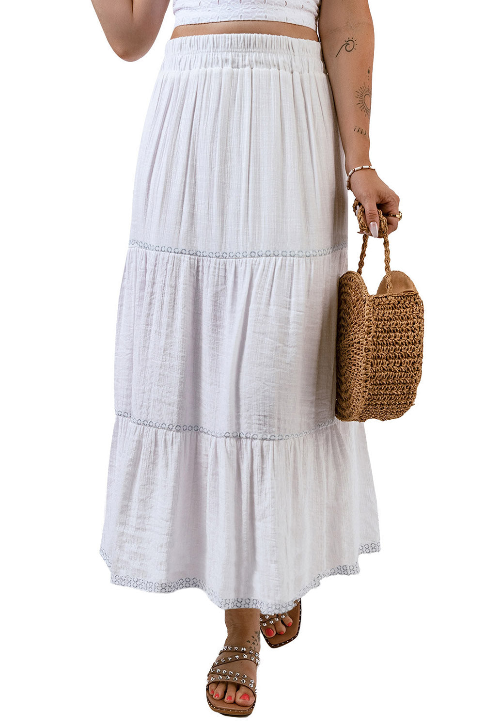 Tiered Lace Crochet High Waist Maxi Skirt