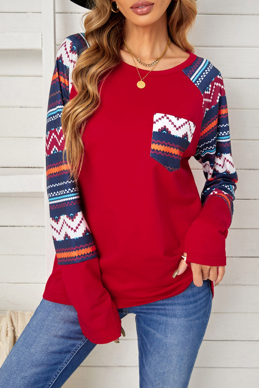Raglan Sleeve Aztec Geometric Patchwork Top with Pocket