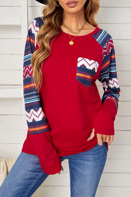 Raglan Sleeve Aztec Geometric Patchwork Top with Pocket