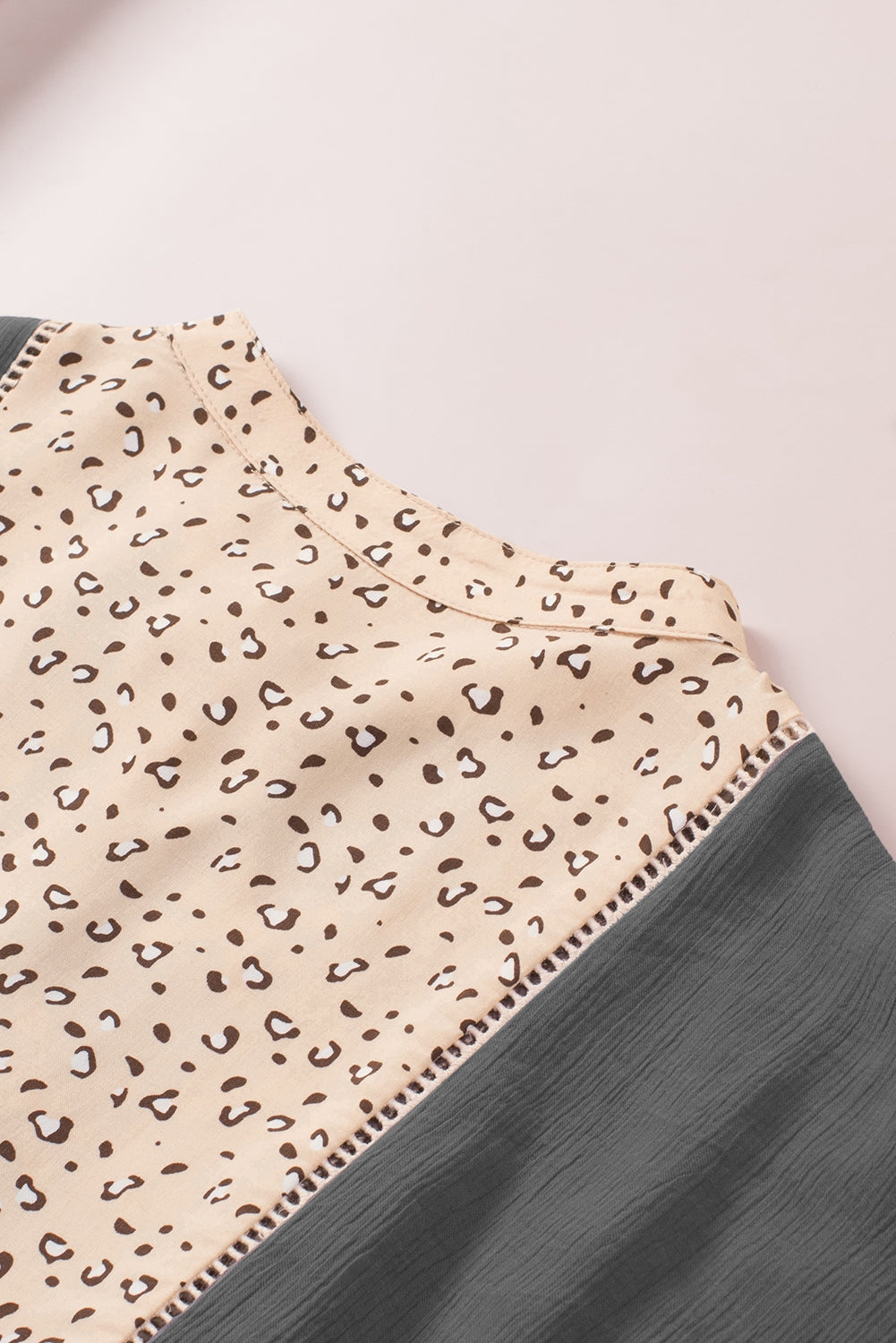 Khaki Geometric Leopard Patchwork Short Sleeve Top