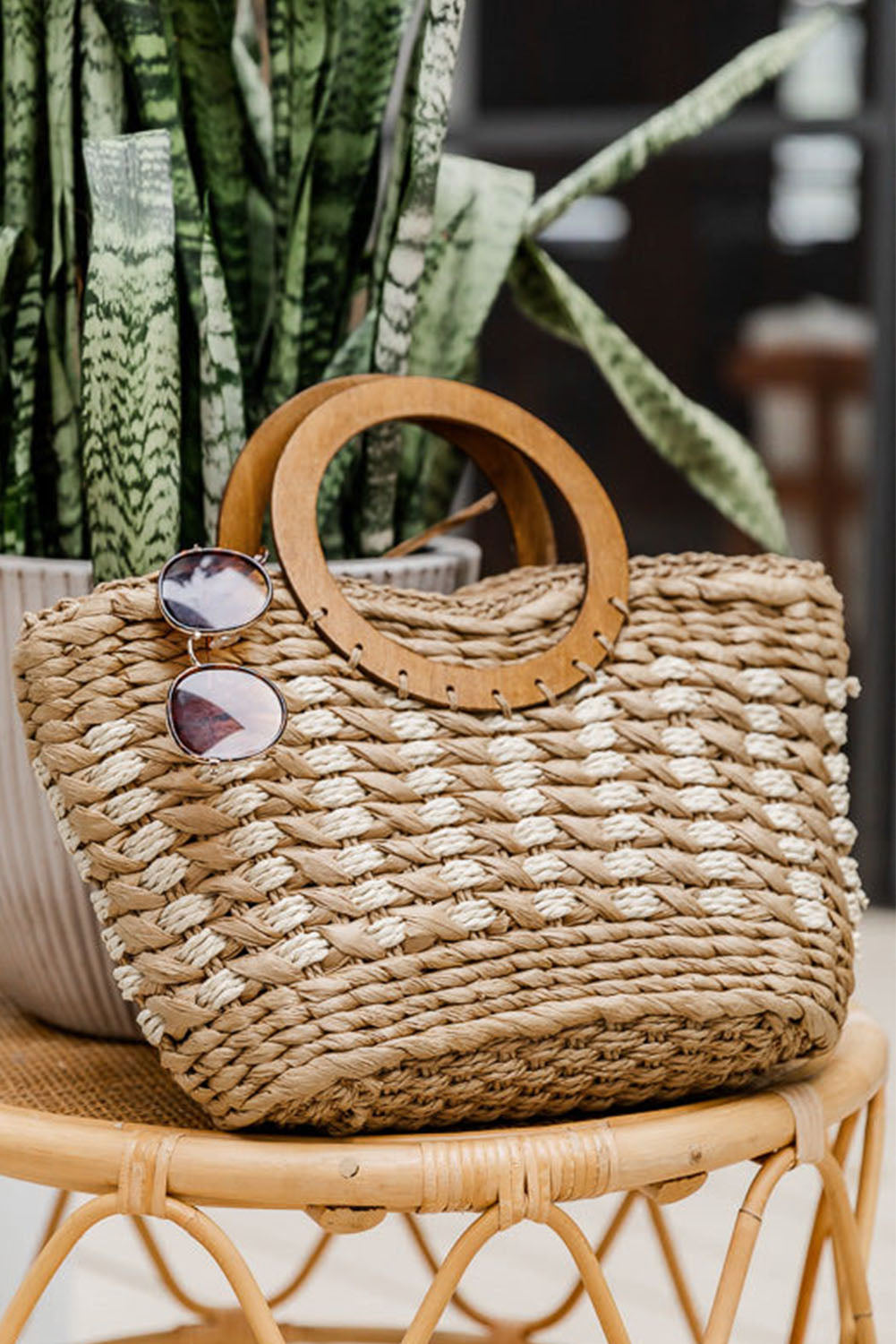 Khaki Round Handle Straw Woven Small Tote 37*12*22cm