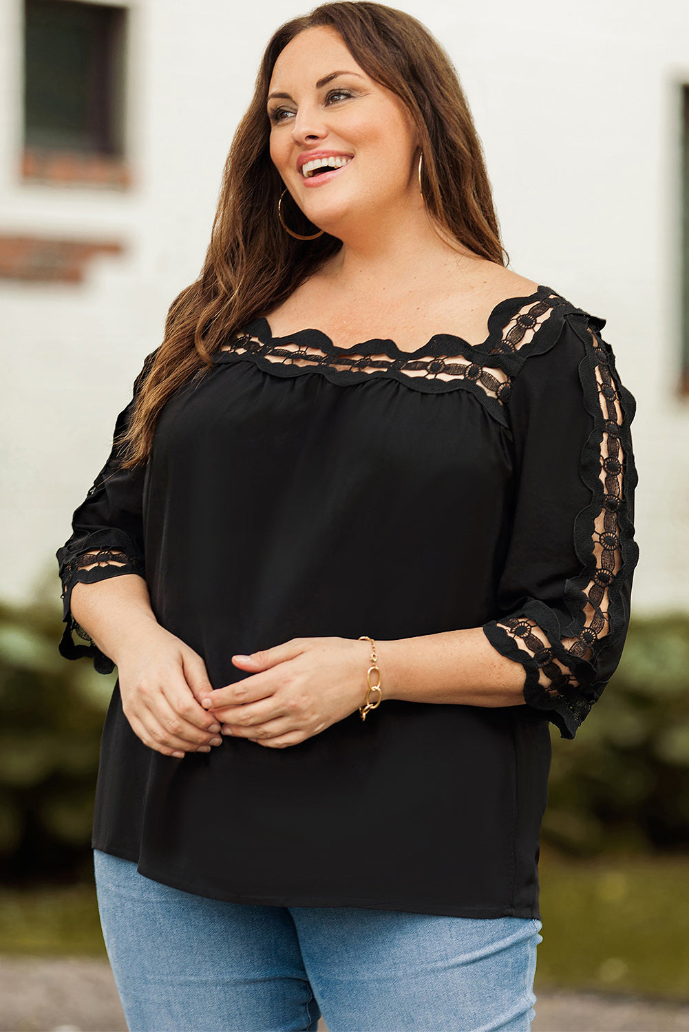 Green Drak Green Crochet Trim Hollow-out Blouse