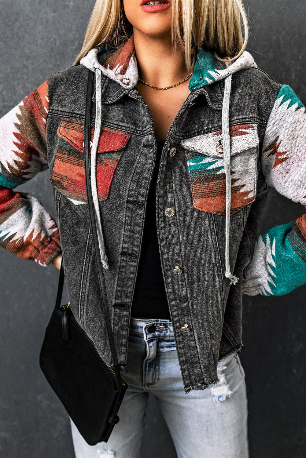 Multicolor Aztec Print Frayed Hem Denim Jacket
