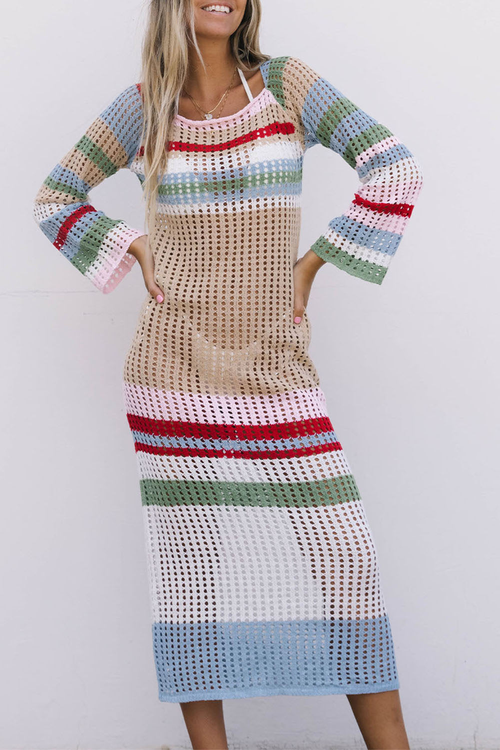 Hollow Out Knit Striped Bell Sleeve Beach Cover Up