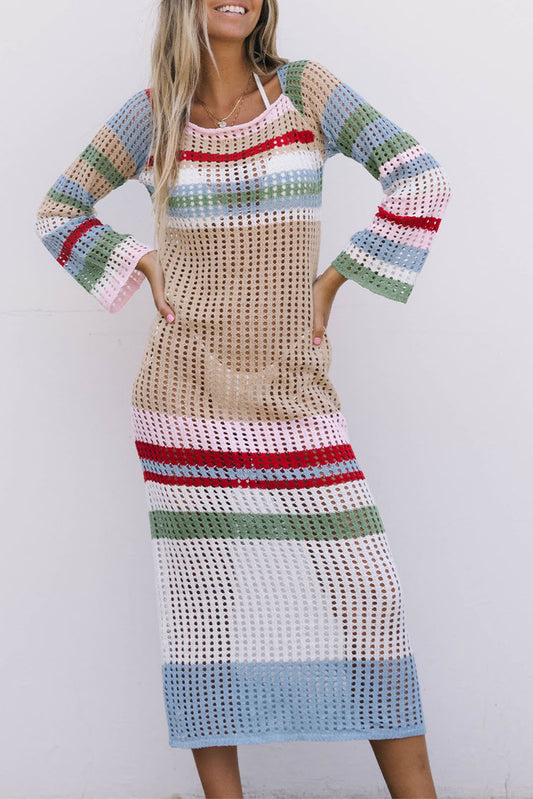 Hollow Out Knit Striped Bell Sleeve Beach Cover Up