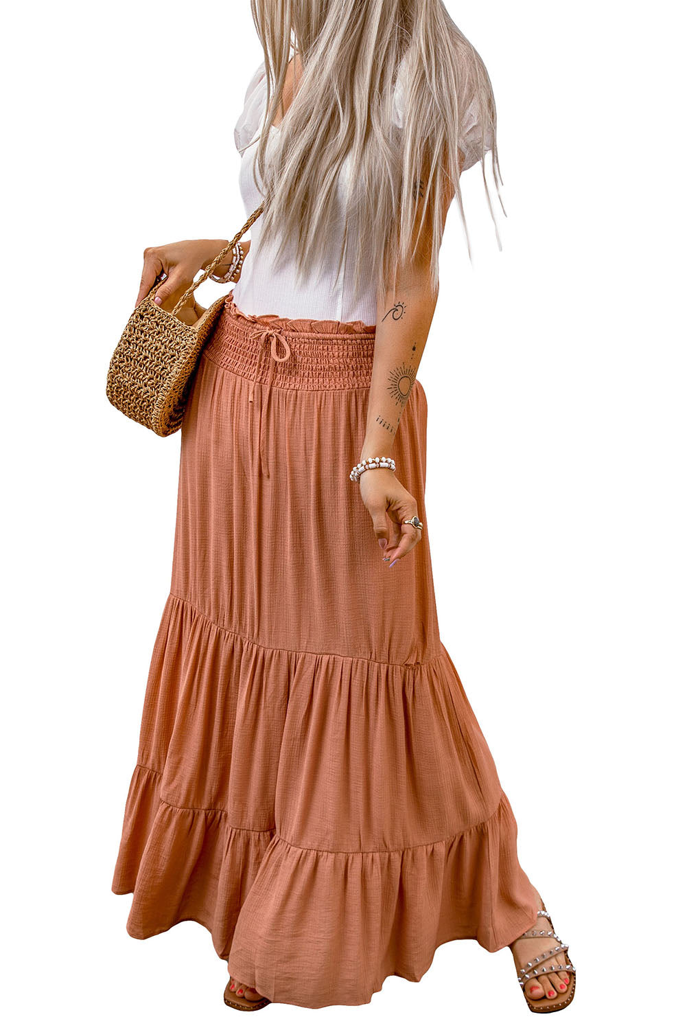 Tie Smocking High Waist Tiered Maxi Skirt