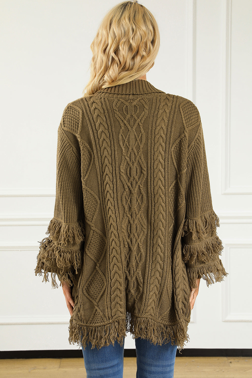 Fringe Trim Cable Knit Open Cardigan