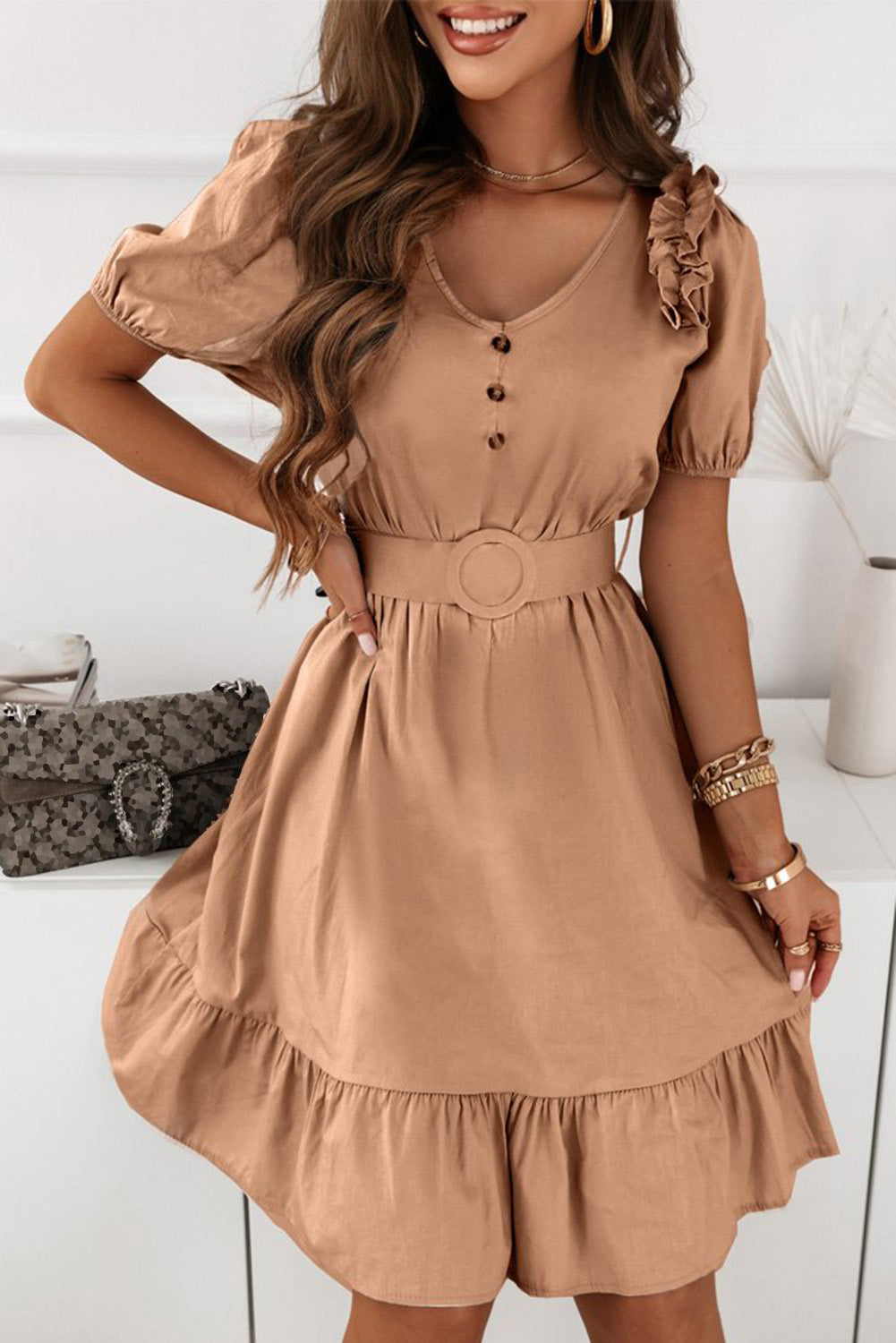 V-Neck Ruffle Buttoned Midi Dress