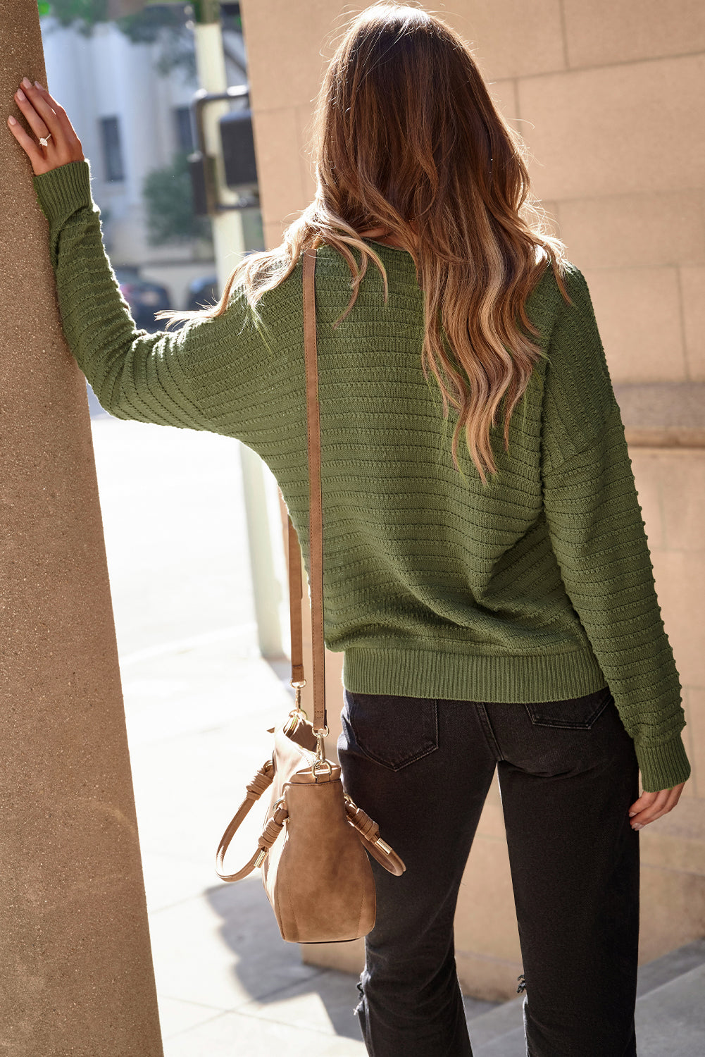 Brown Textured Knit Round Neck Dolman Sleeve Sweater