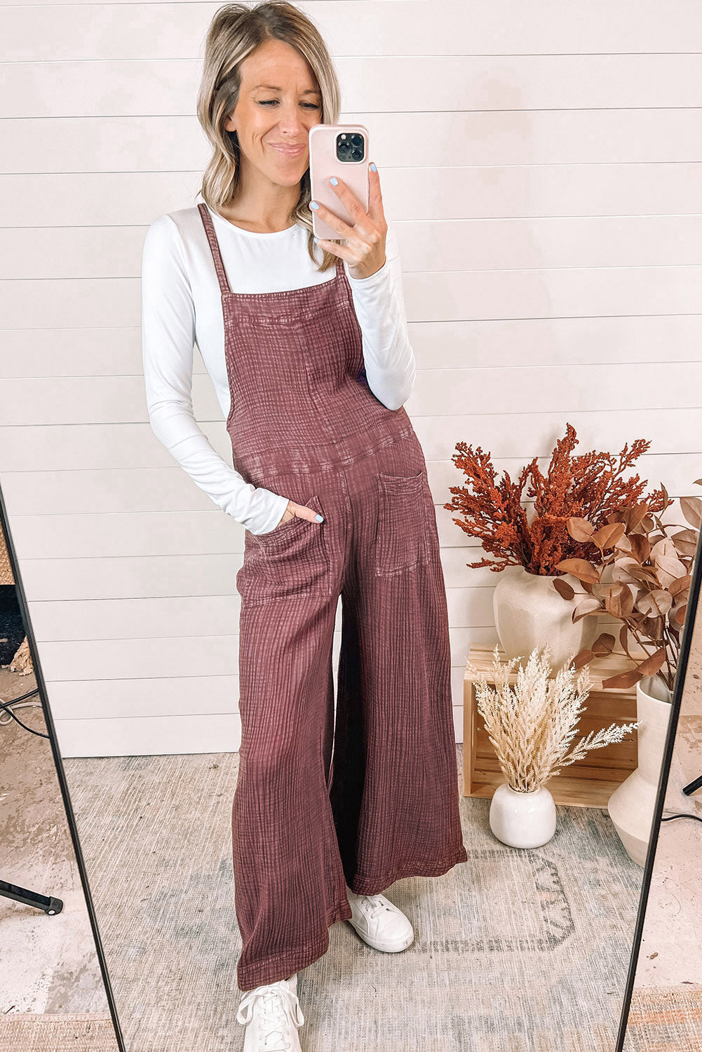 Fiery Red Textured Shoulder Straps Pocketed Overalls
