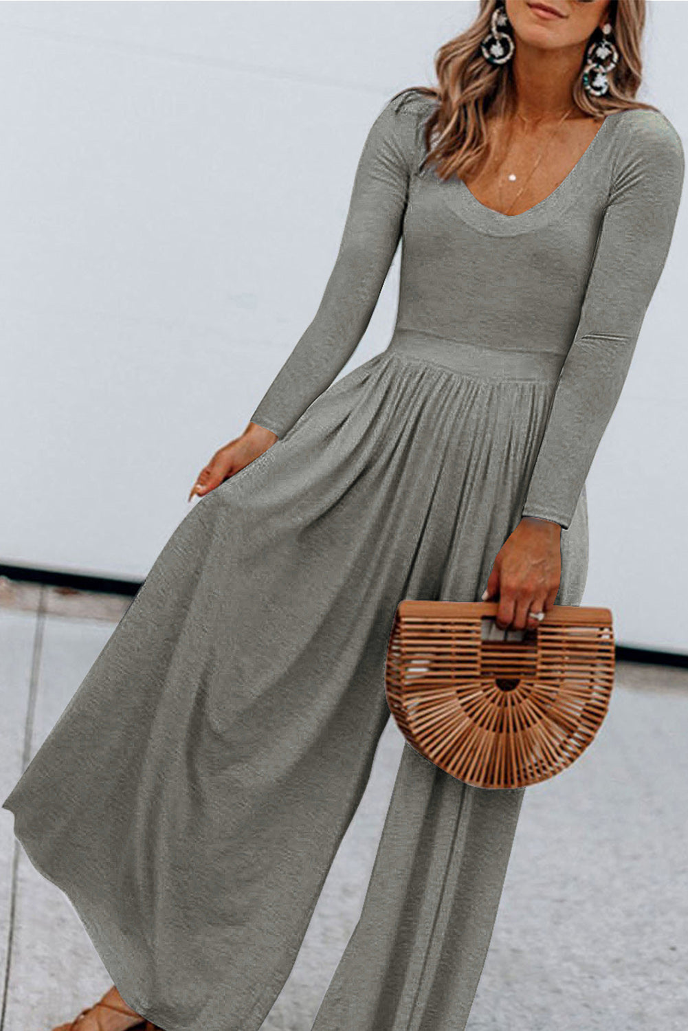 Gray Solid Long Sleeve High Waist Wide Leg Jumpsuit