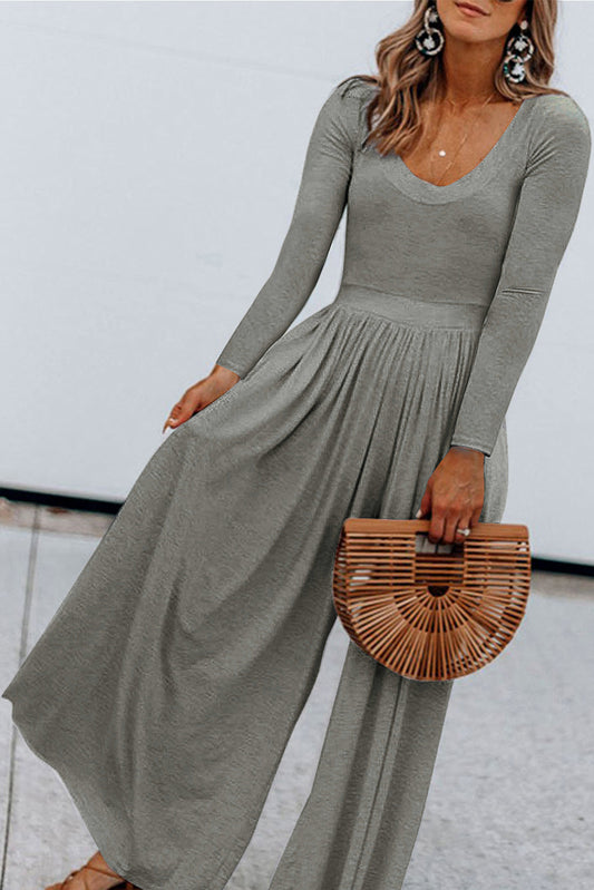 Gray Solid Long Sleeve High Waist Wide Leg Jumpsuit