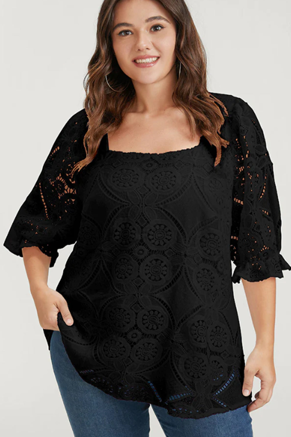 Plus Size Lace Crochet Square Neck Blouse