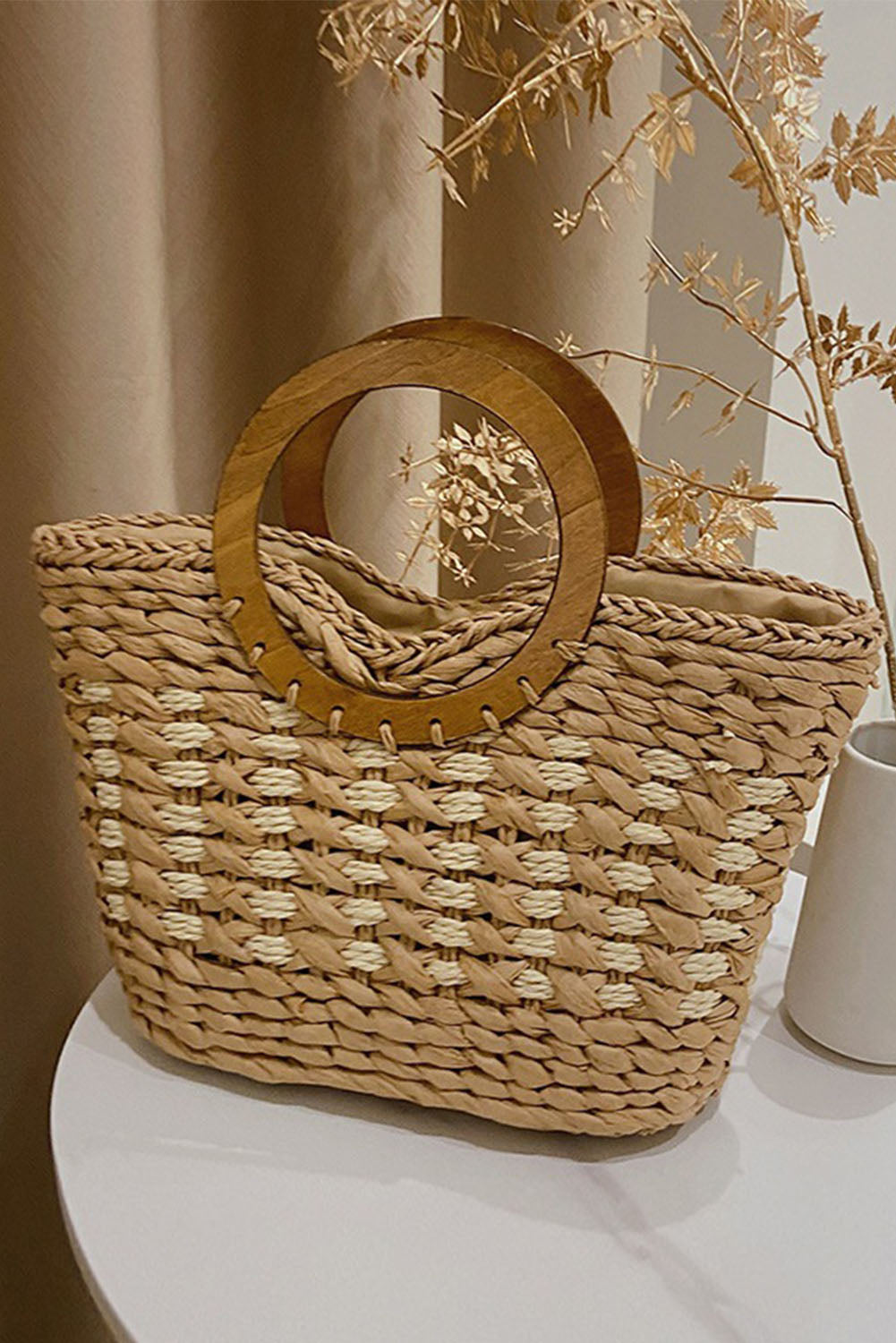 Khaki Round Handle Straw Woven Small Tote 37*12*22cm