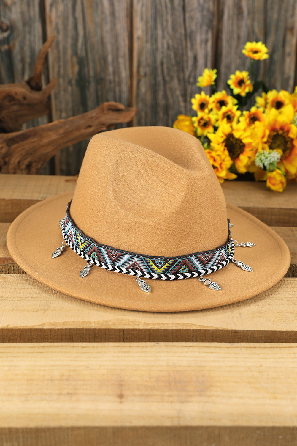 Khaki Silver Dangle Embroidery Decor Classic Jazz Bowler Hat