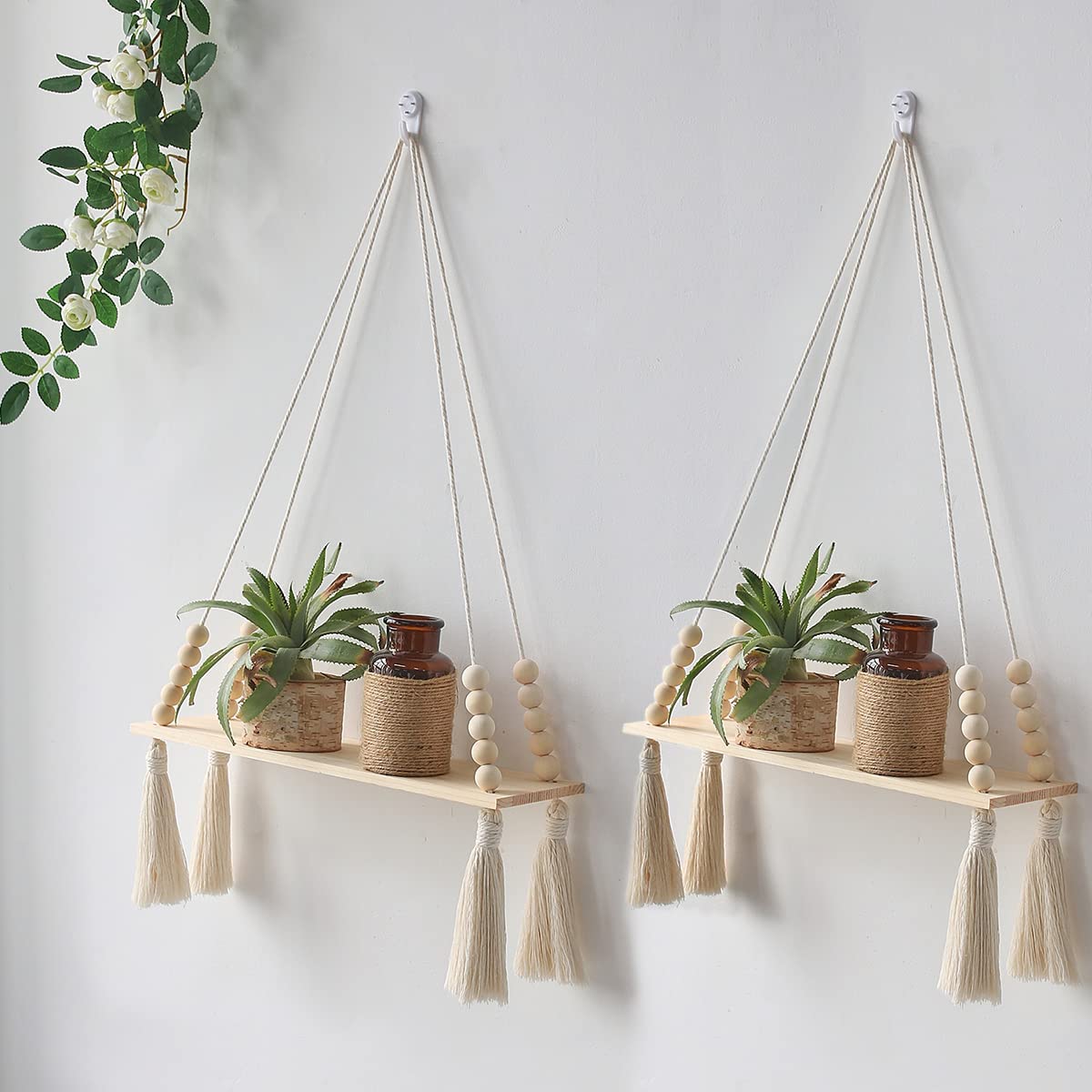 Wooden Wall Hanging Shelves - Macrame Hanging Plant Shelf With Tassel,Boho Storage Floating Shelves Handmade Rustic Hanger Planter Rack Pot Stand Holder