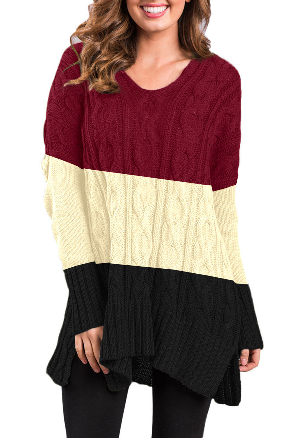 Colorblock Cable Knit Sweater with Slits