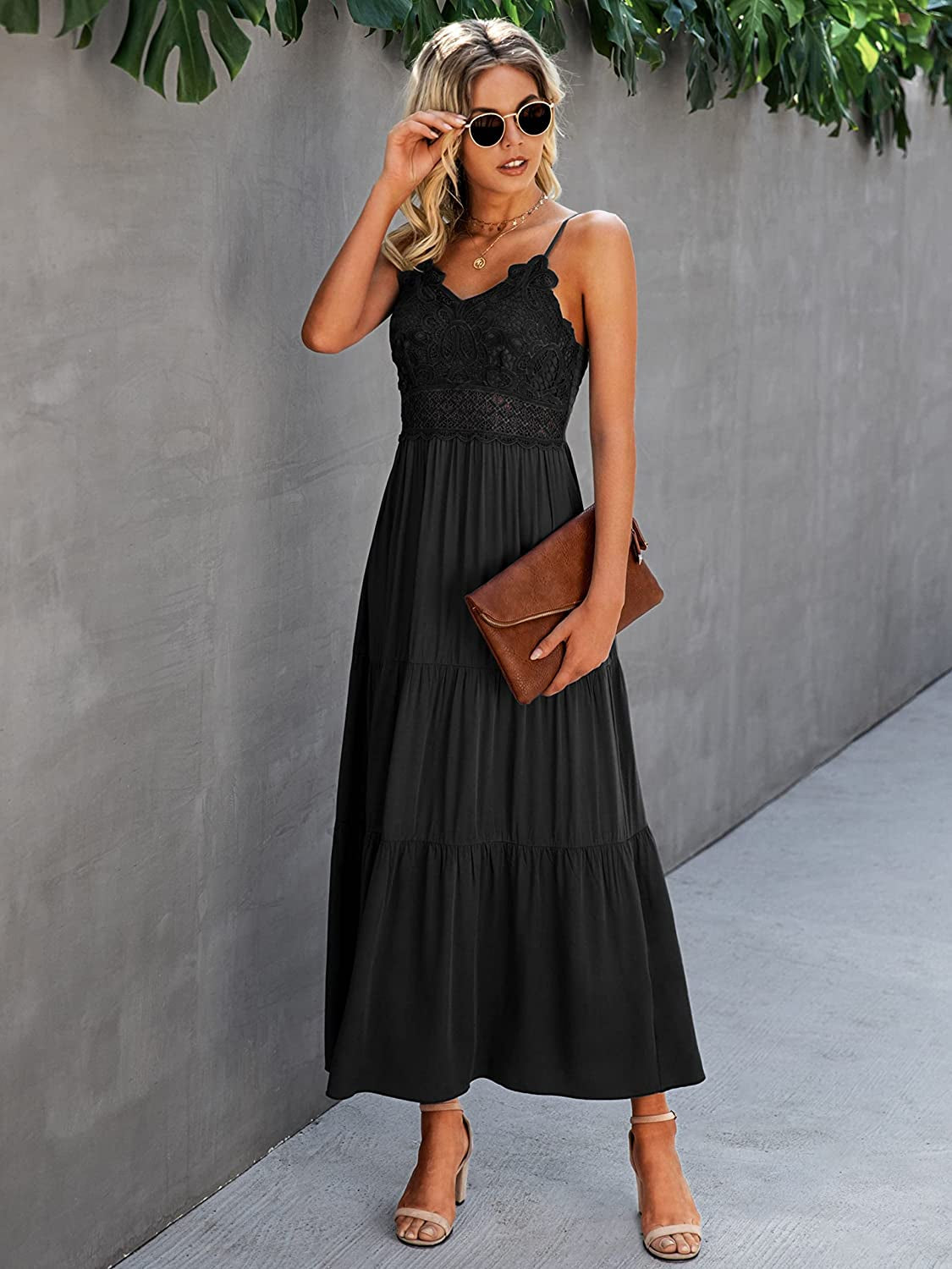 Women'S Beach Crochet Lace Maxi Dress Solid Color Summer Vacation Spaghetti Strap Long Dress 2023