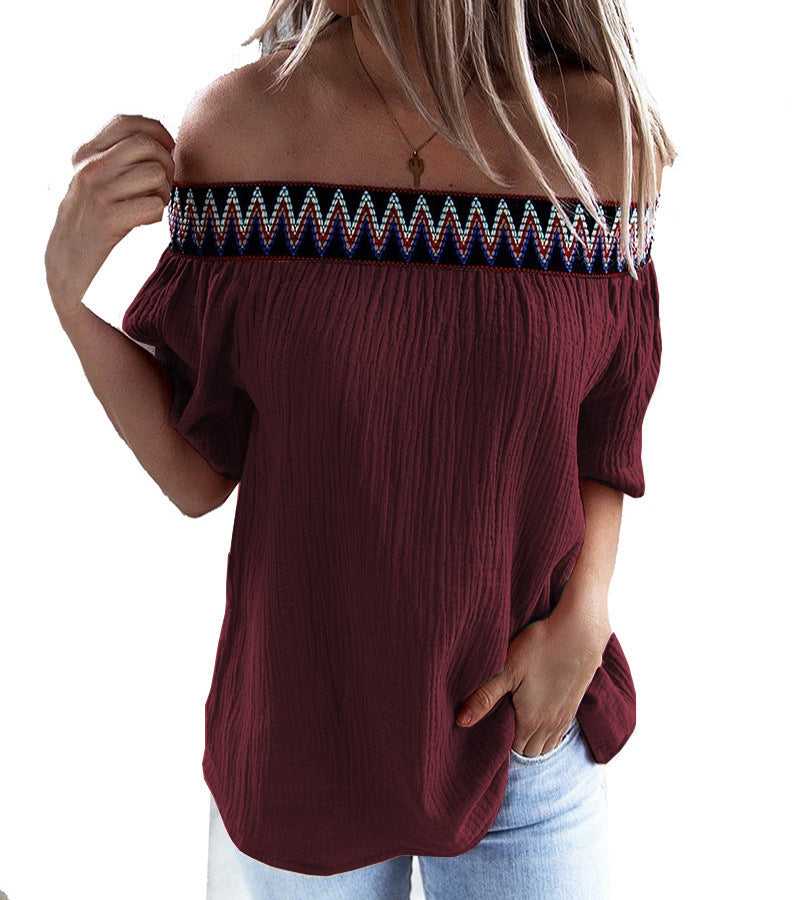 Summer Casual Loose One-word Neck Strapless Short-sleeved Top Women's Clothing