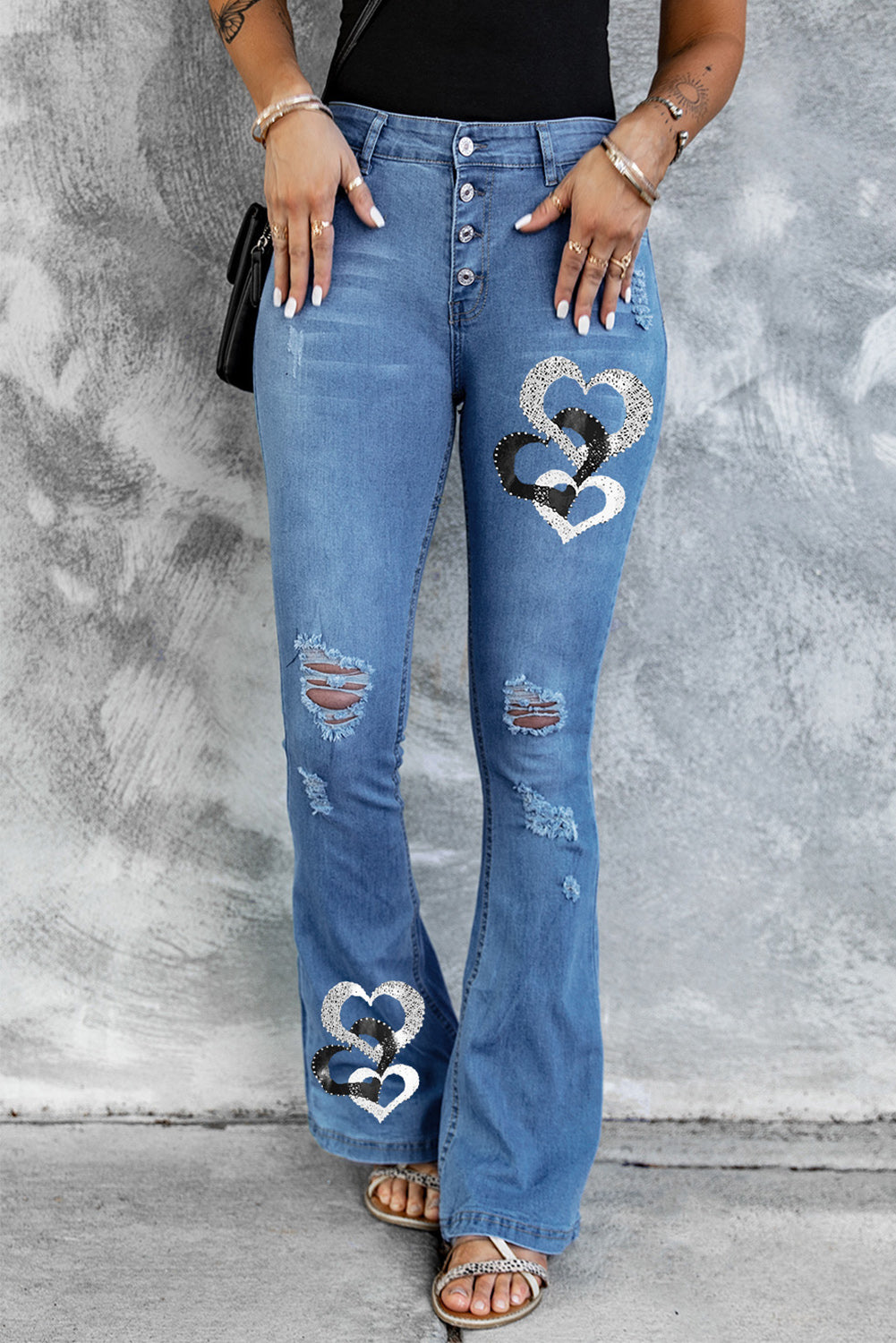 Dark Blue Mid Rise Button Front Flare Denim