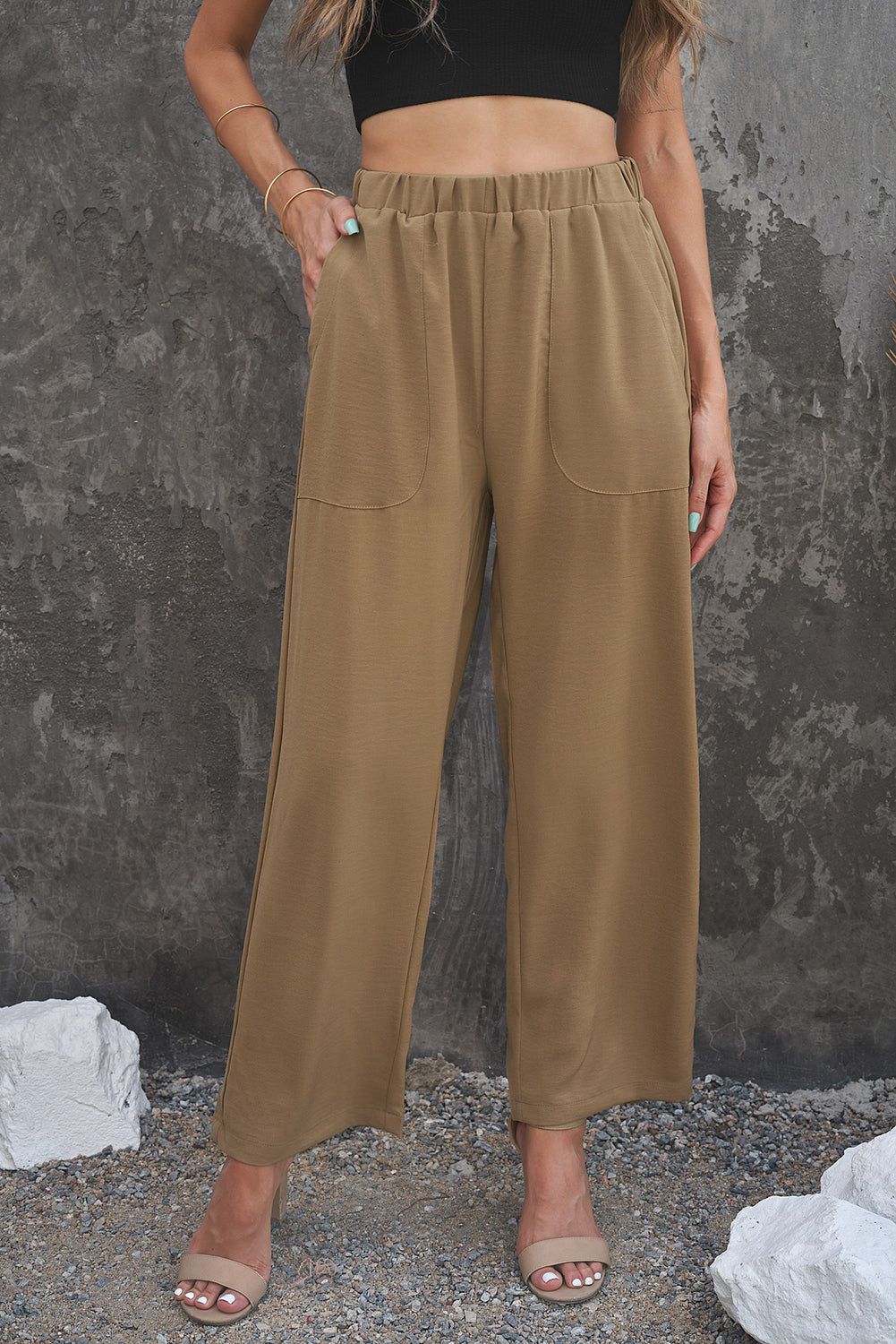 Elastic Waist Pocketed Wide Leg Pants