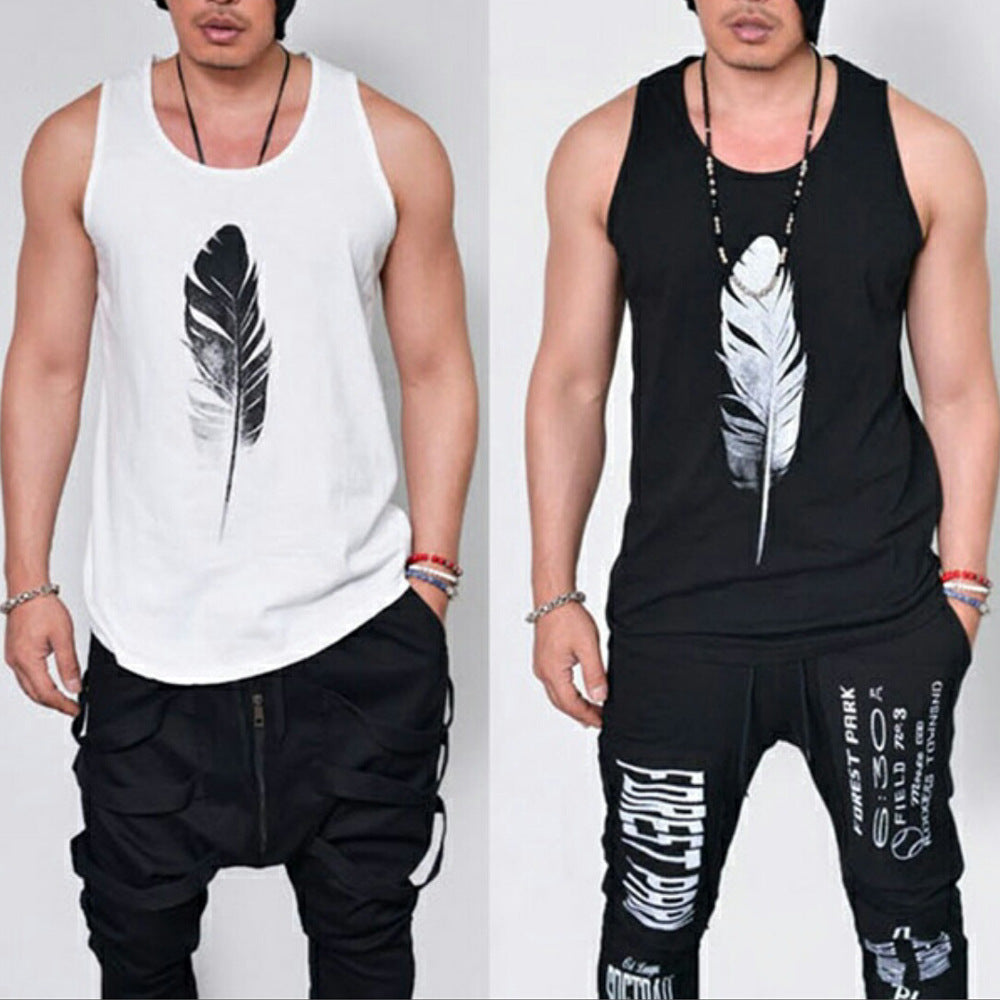 Summer Solid Color Black And White Feather Print Sleeveless T-shirt