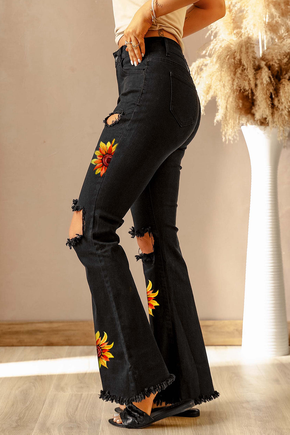 High Waist Ripped Bell Bottom Jeans