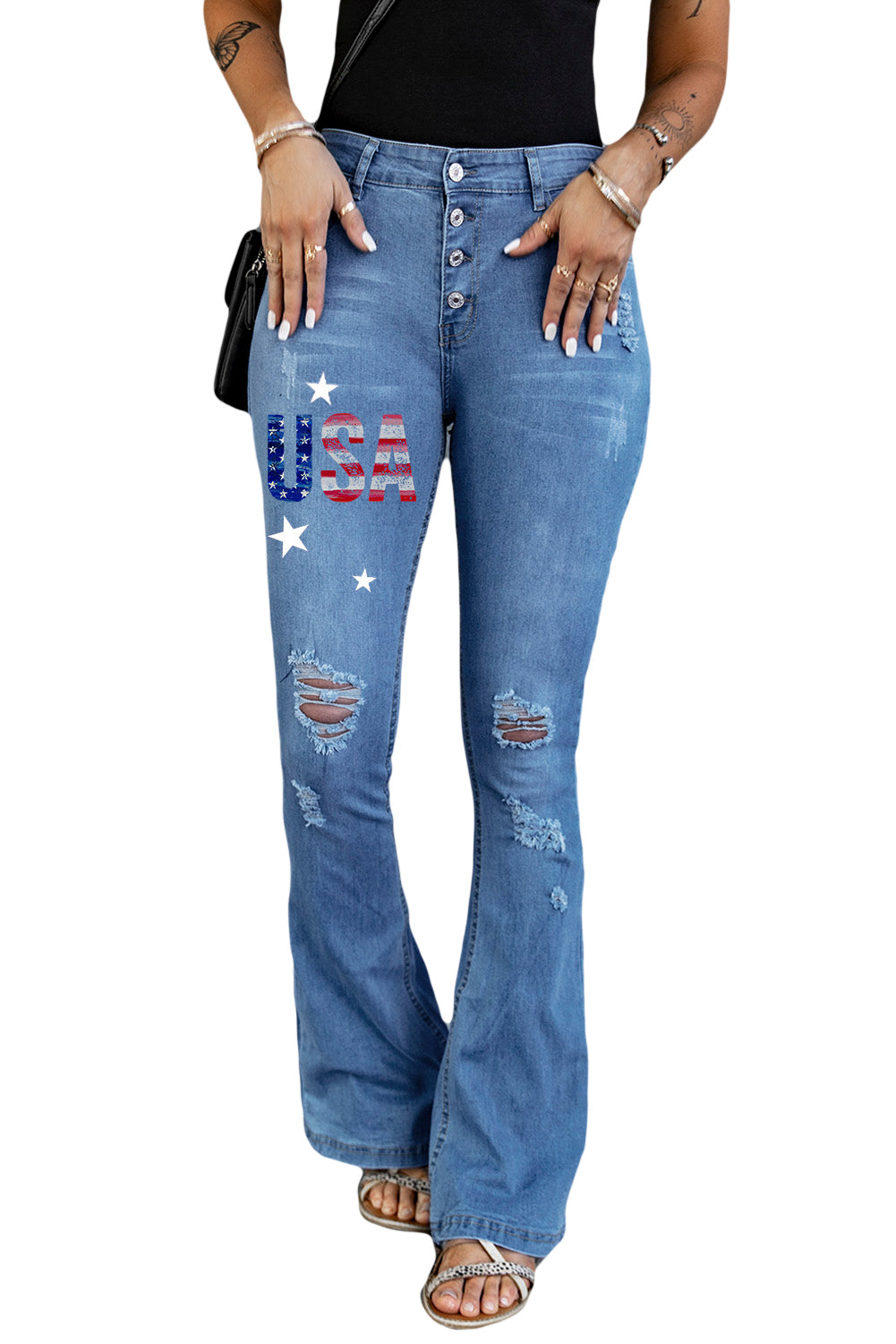Dark Blue Mid Rise Button Front Flare Denim
