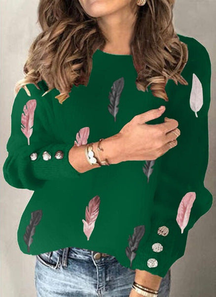 Feather Print Round Neck Long-sleeved Knit Sweater  Top Women's Clothing