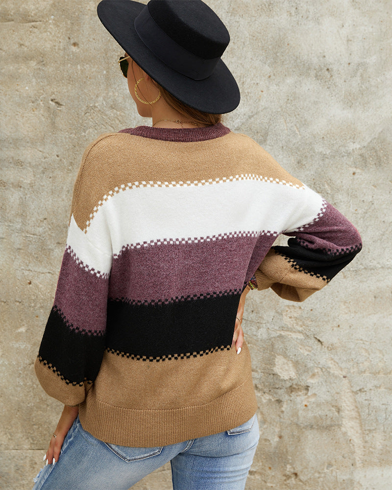 Fashion Women's V-neck Stitching Polyester Sweater