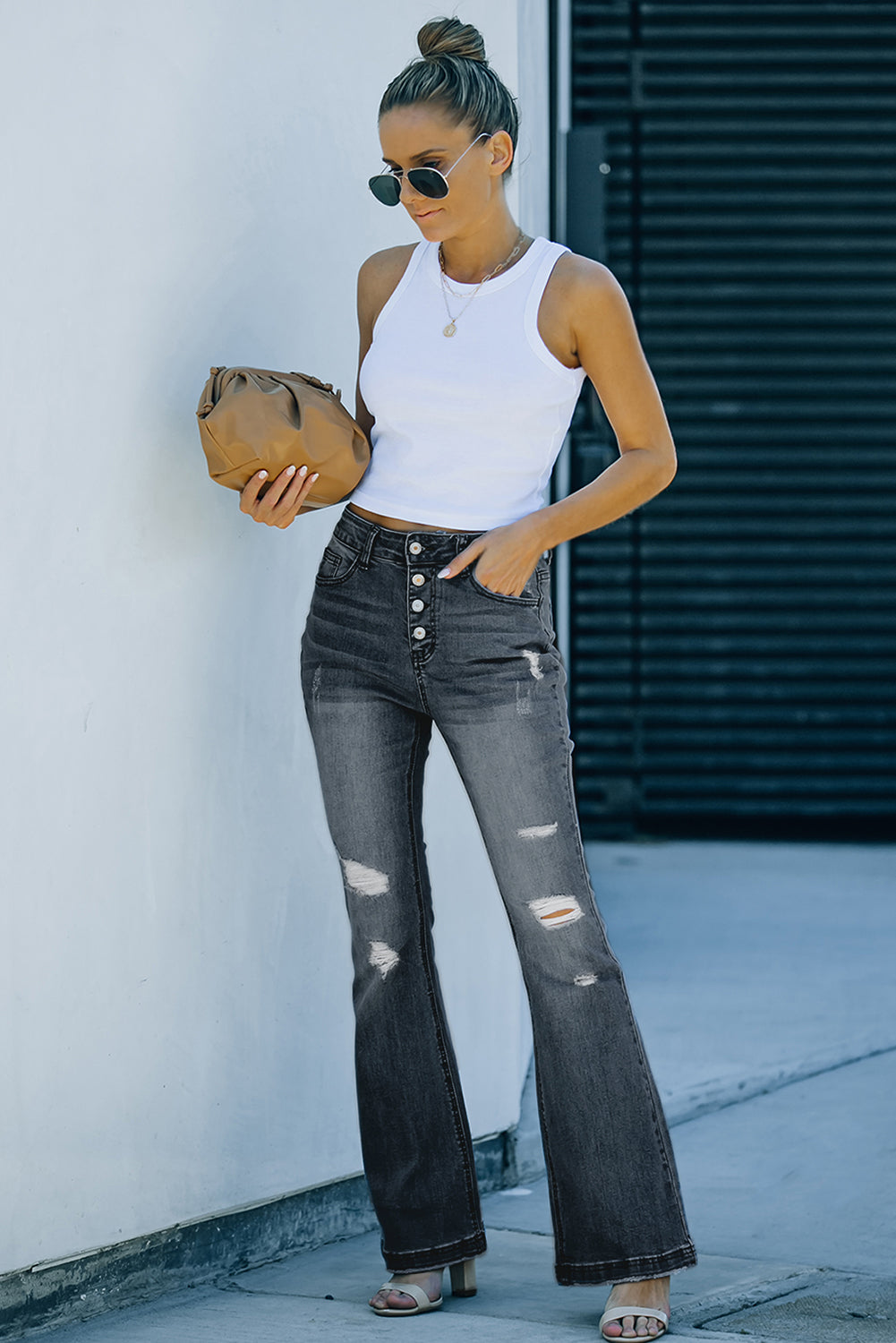 Dark Blue Mid Rise Button Front Flare Denim