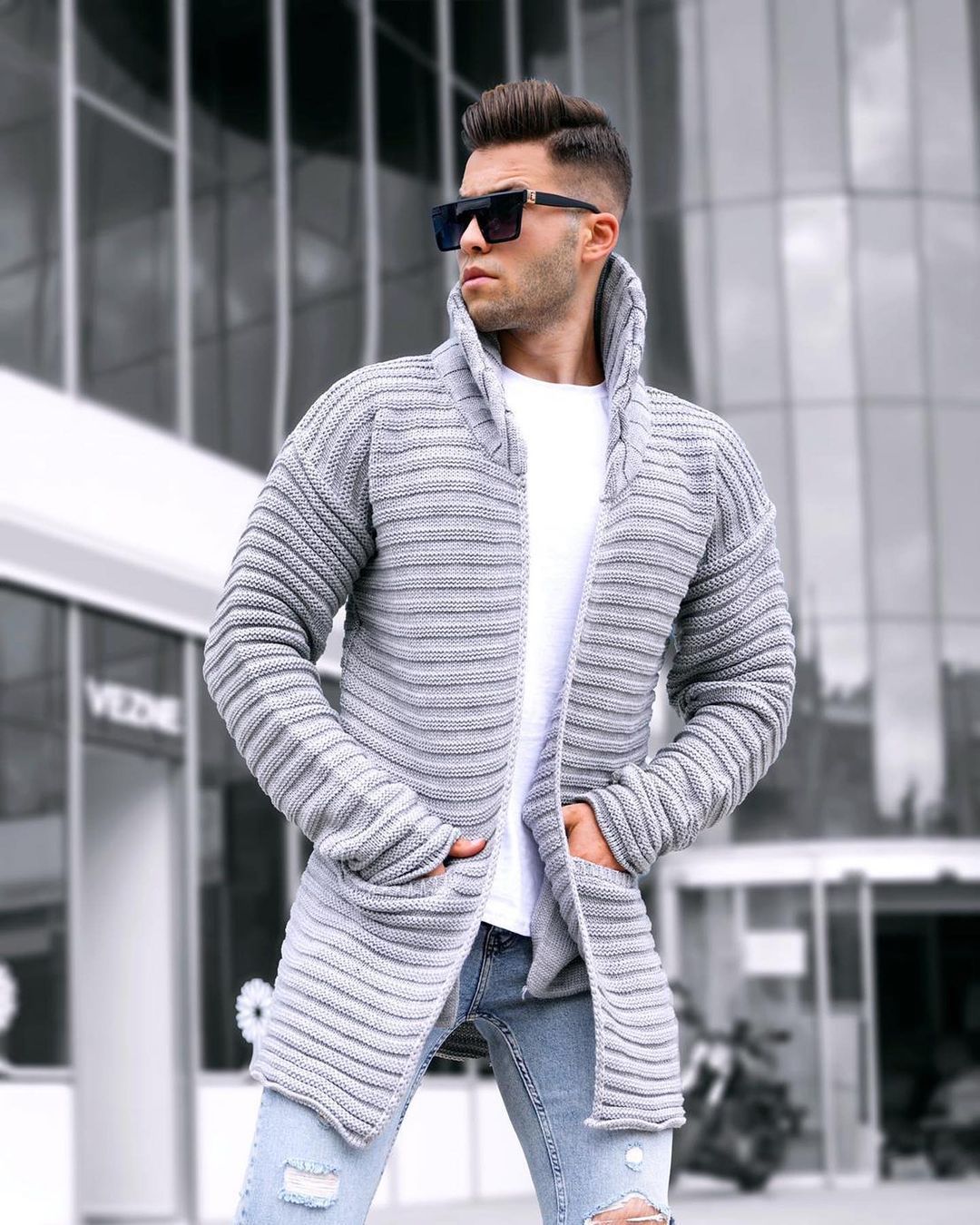 Knitted Sweater Ribbed Jacquard Solid Color Lapel Cardigan Windbreaker Sweater