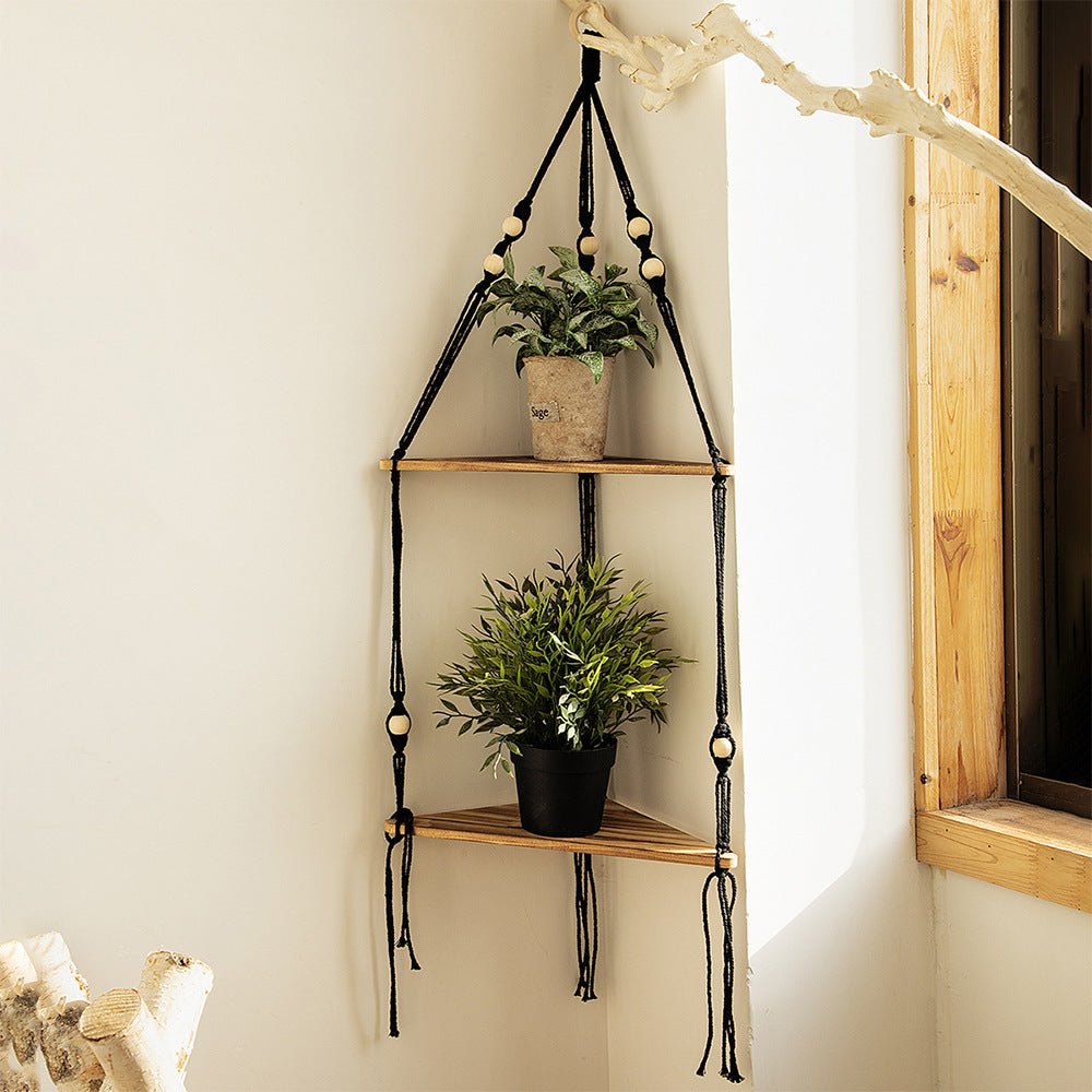 Wooden Wall Hanging Shelves - Macrame Hanging Plant Shelf With Leaf,Boho Storage Floating Shelves Handmade Rustic Hanger Planter Rack Pot Stand Holder