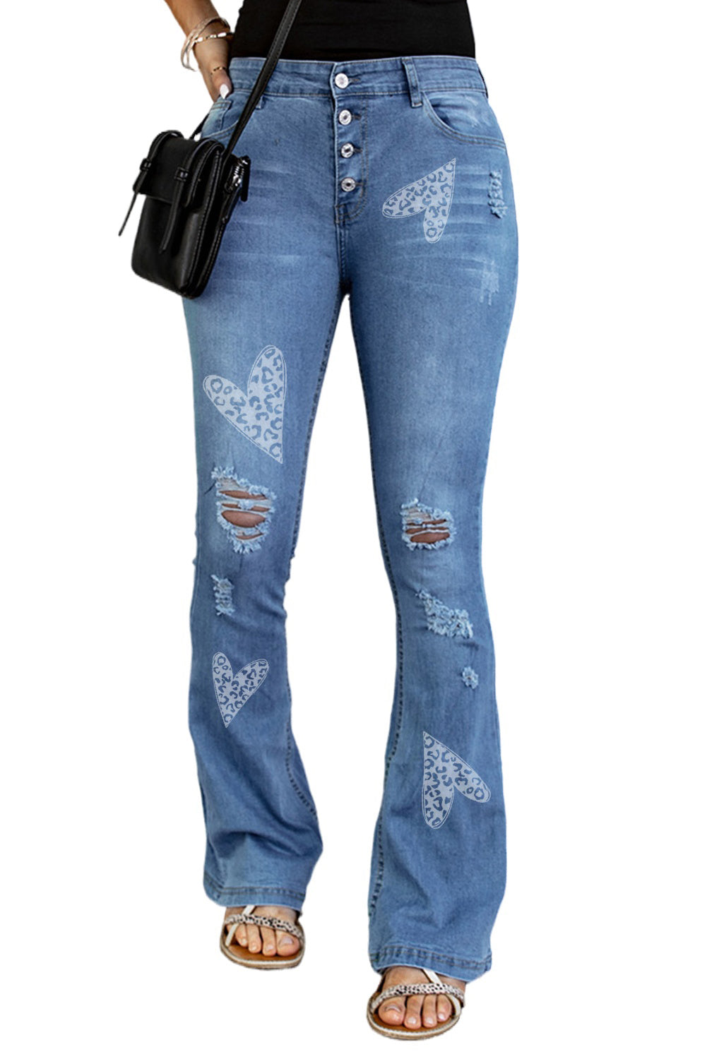 Dark Blue Mid Rise Button Front Flare Denim