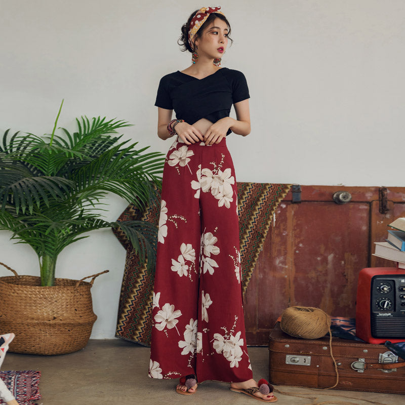 Women's Summer High Waist Retro Boho Loose Trousers