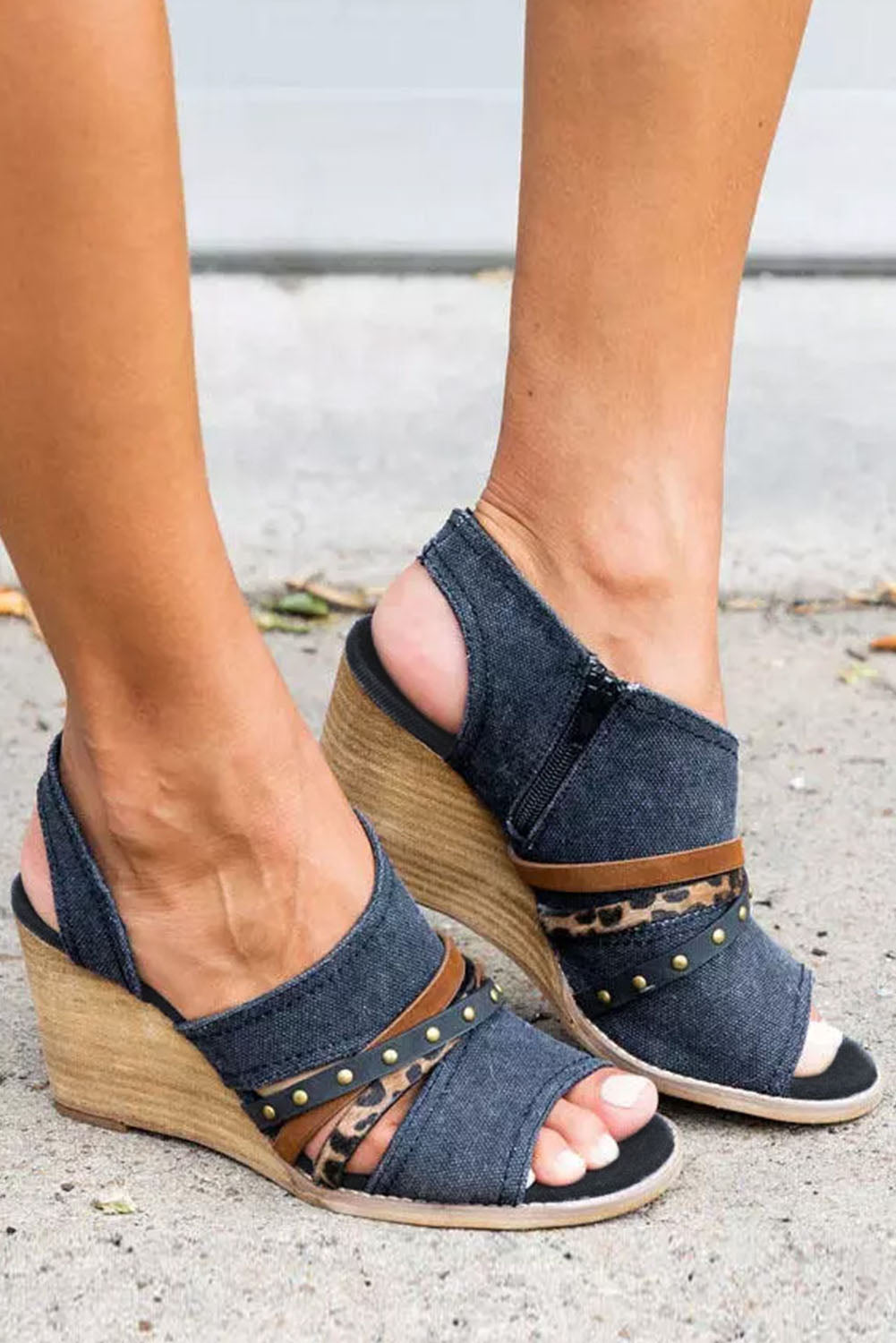 Wedged Rivet Patchwork Peep Toe Denim Sandals