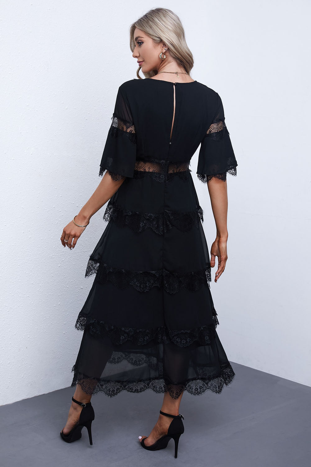 Swiss Dot Print See-through Lace Patch Layered Long Dress