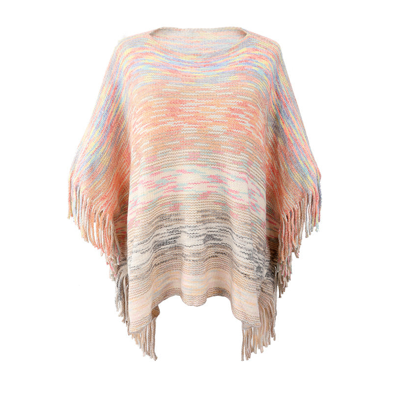 Shawl Cloak Sweater Striped Fringed Hem Coat