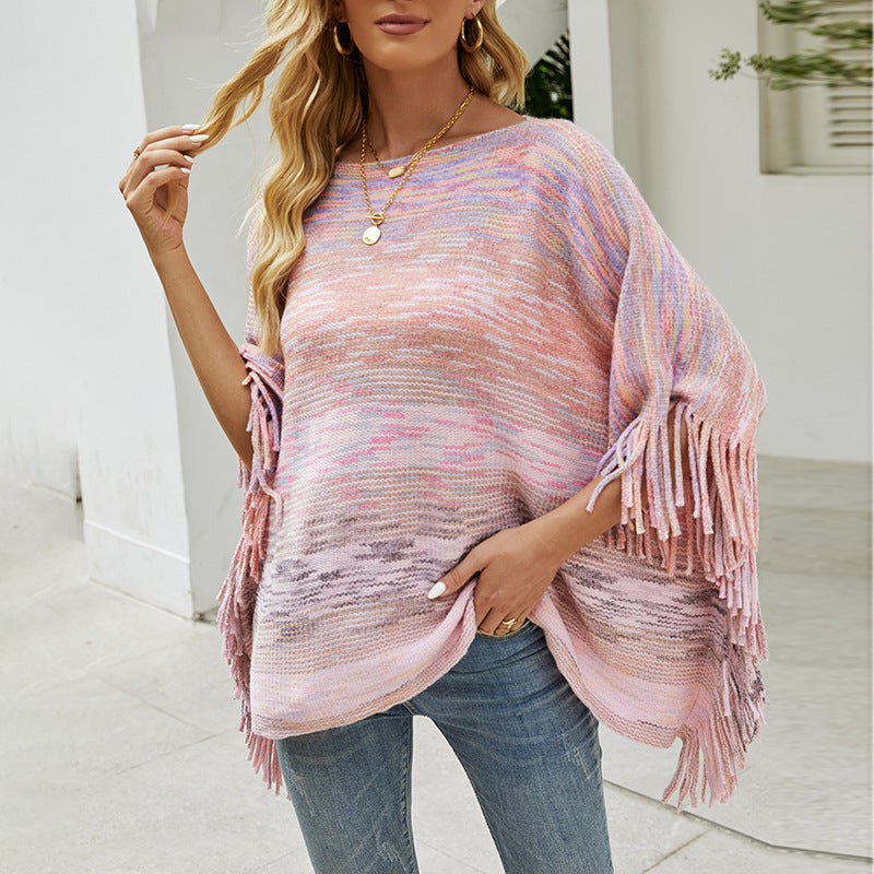 Shawl Cloak Sweater Striped Fringed Hem Coat